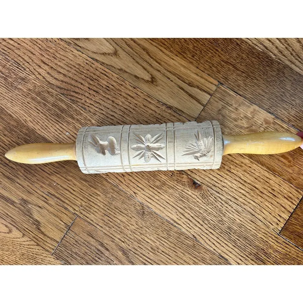Vintage Carved Wood Springerle Rolling Pin | Farmhouse Baking Decor